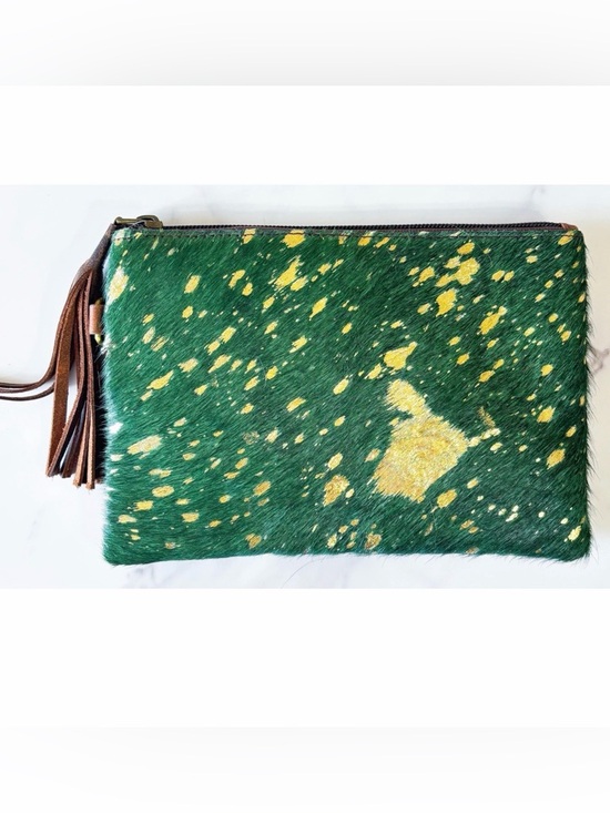 Handbags - Hunter Green Gold Hair On Hide Wristlet Clutch Distressed Leather Tassel New